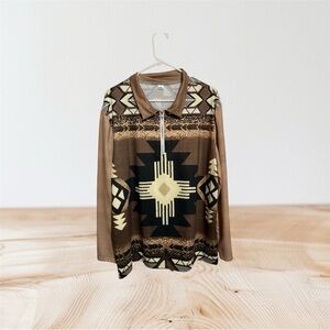 Southwestern Aztec Print Quarter Zip Pullover | 3XL | Brown Neutral Tones